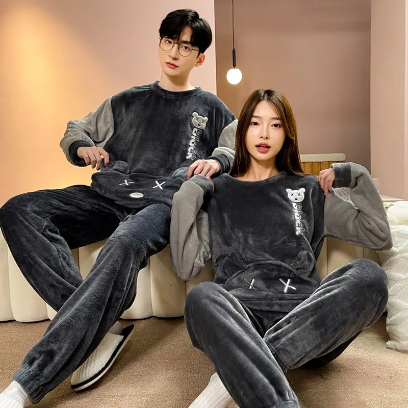2025 Winter Couple Long Sleeve Thick Warm Flannel Pajama Sets For Men Cute Cartoon Sleepwear Pyjama Women Homewear Home Clothes