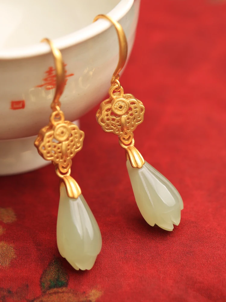 

Hetian Jade Sterling Silver Ruyi Magnolia Flower Earrings Women's New Chinese Style Jade Ancient Style Earrings