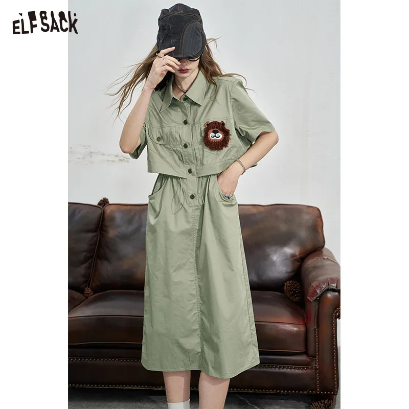 

2024 Summer ELFSACK New Arrivals Work style shirt dress, women's casual waist cinched loose dress