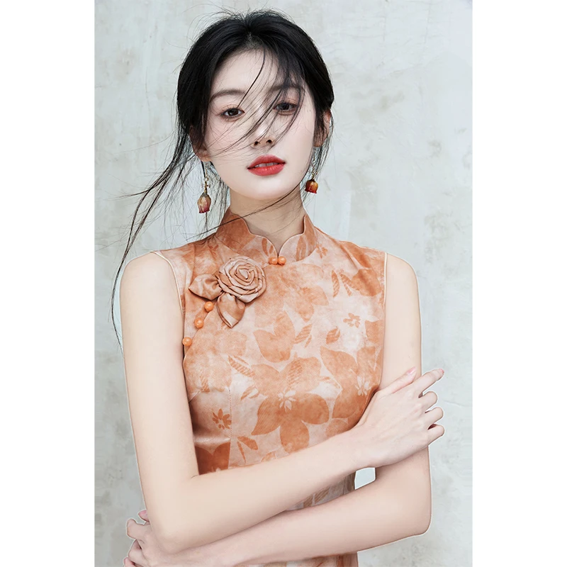 

Элегантное оранжево-розовое свадебное платье в современном китайском стиле с цветочным узором и низким разрезом, повседневное, для женщин