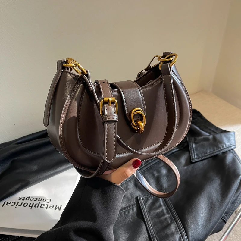 Saddle Single Shoulder Bags For Women 2024 Designer Trend Leather Small Underarm Crossbody Handbag And Purse Retro Female Bag