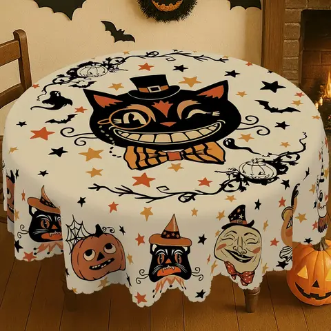 1 Halloween tablecloth with ghost, pumpkin, black cat and bat motifs for kitchens, dining rooms