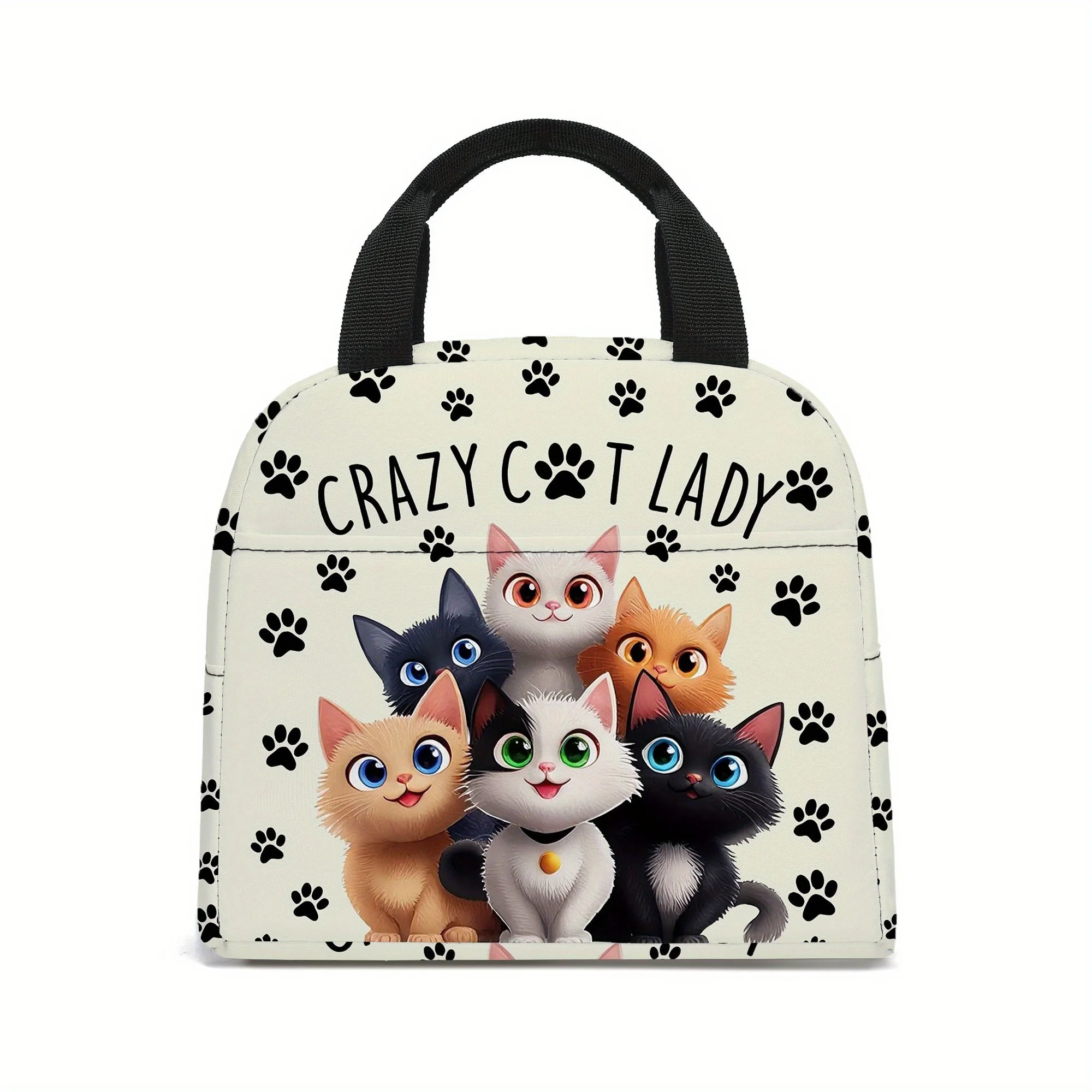 Crazy Cat Lady Bolsa de almuerzo aislada para el trabajo, viajes y picnics Diseño juguetón Bolsa con asa duradera, bolsa de almuerzo