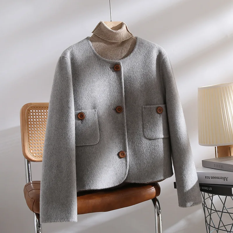 2024 spring new round neck small woolen coat short wool rabbit down mulberry silk double-sided cashmere coat women