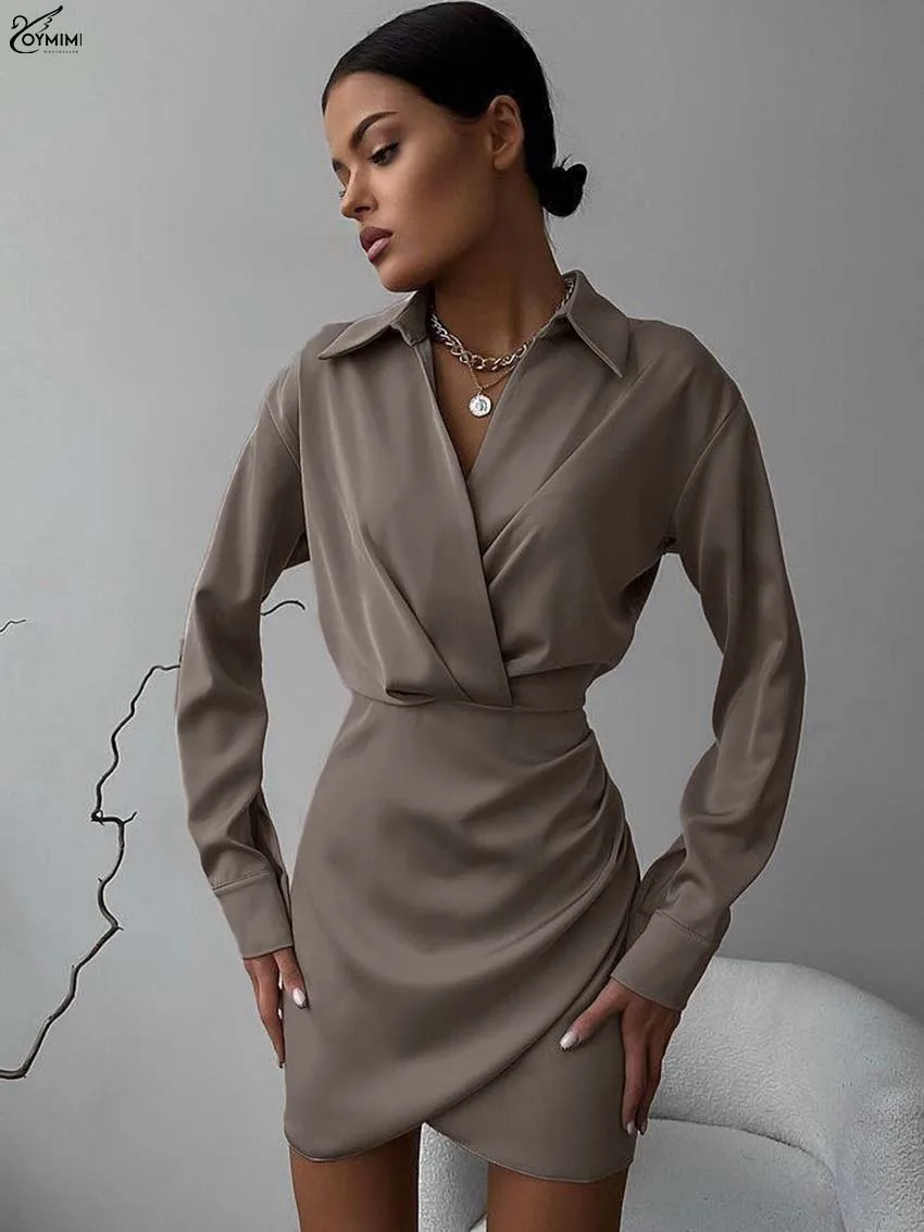 

Oymimi Fashion Khaki Cotton Dresses 2025 Woman Elegant Turn-Down Collar Long Sleeve Dresses Autumn High Waisted Slim Mini Dress