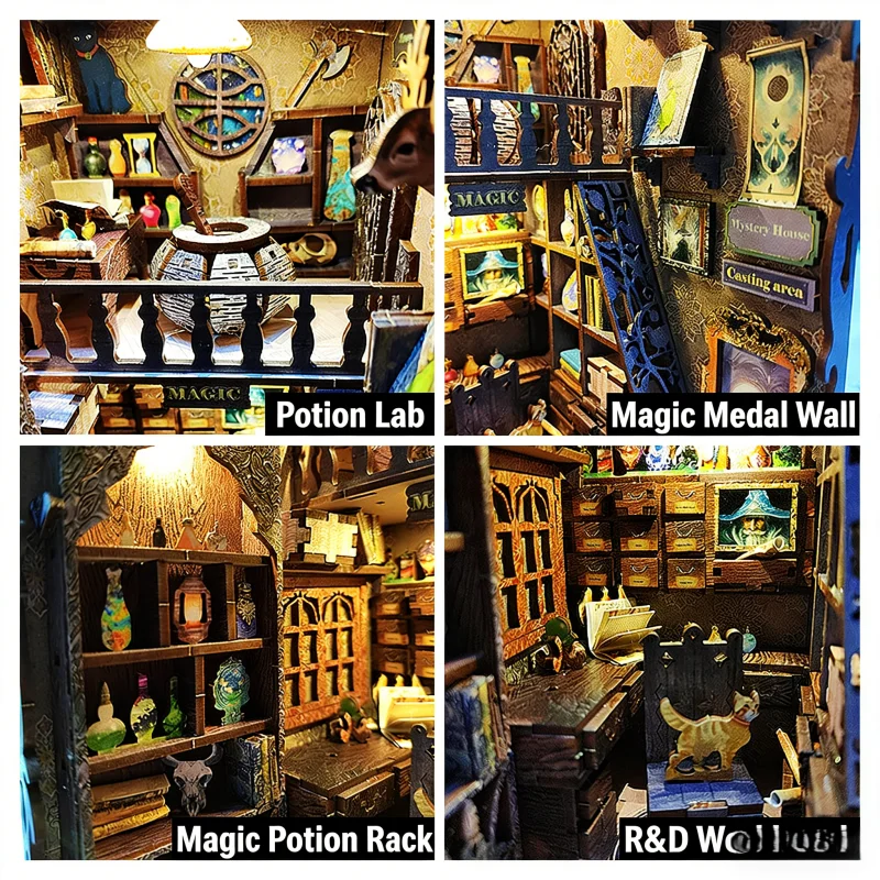 OUZEY Mystical Library Bookend DIY, 3D Wooden Spell School with Auto-Light, Creative Study Model for Teens