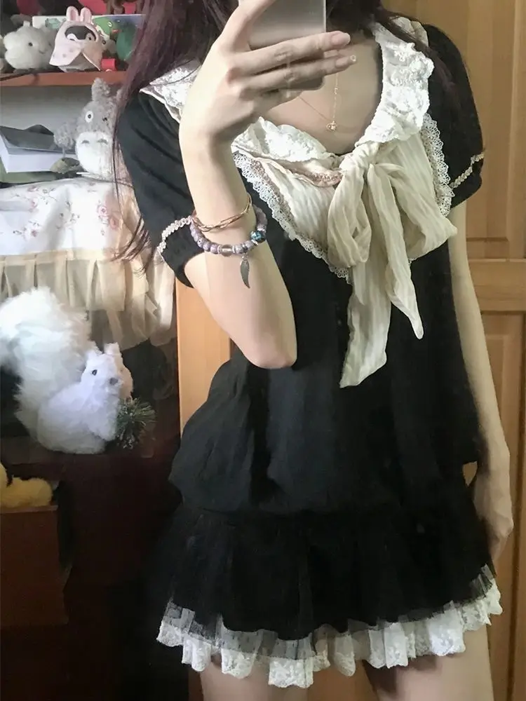 Harajuku 90s Aesthetic ชุดเซ็กซี่หญิงใหม่หวาน Y2k Slim Gothic ชุดผู้หญิง Punk ปลอม 2 ชิ้นชุดวินเทจแขนสั้น