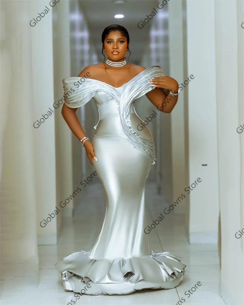 Aso Ebi Silver African Evening Dresses Ruched Birthday Dress Luxury robes de soirée Ruffles Formal Gown Off Shoulder Customized