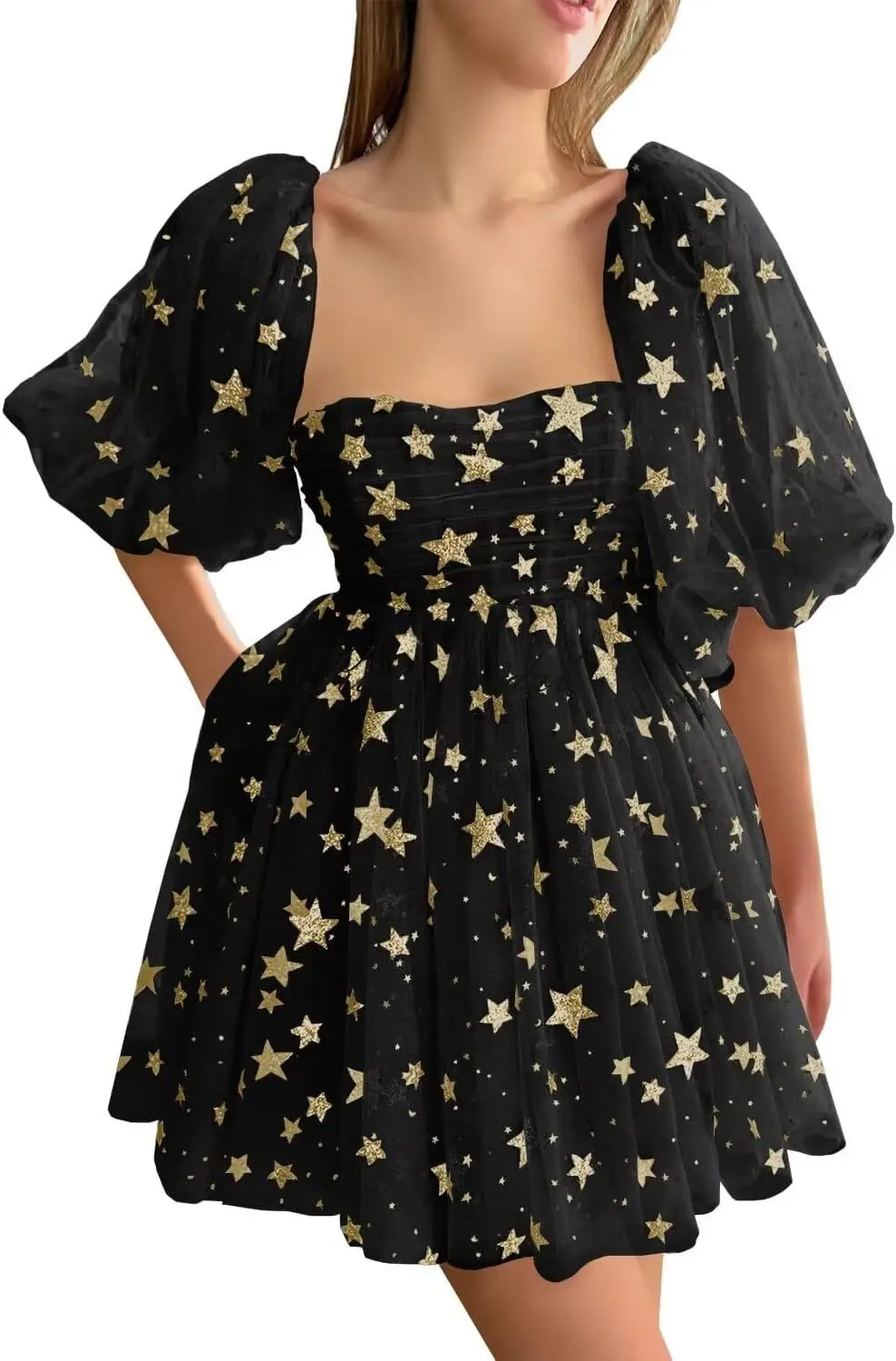 فساتين قصيرة لحفلات العودة للوطن من التول المرصع بالنجوم اللامعة للمراهقين، فستان حفلة موسيقية صغير بأكمام منتفخة، فستان رسمي للنادي #6