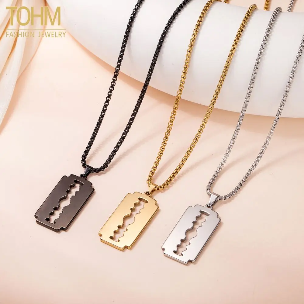TOHM Creative Stainless Steel Blade Razor Pendant fine Necklaces Unique Men gold-plated jewelry Choker Non-Fading keychain charm