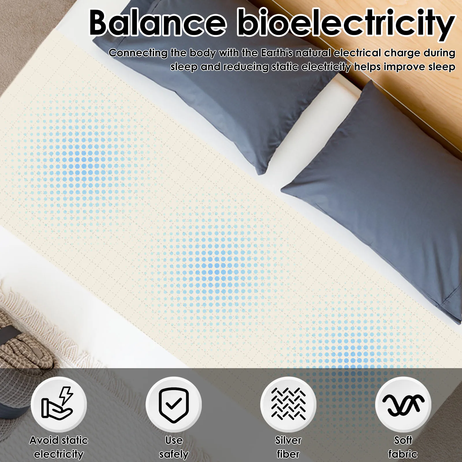 حصيرة تأريض للسرير مصنوعة من القطن العضوي بنسبة 90% وبساط سرير تأريض من الألياف الفضية 10% مع سلك وقلم اختبار للنوم