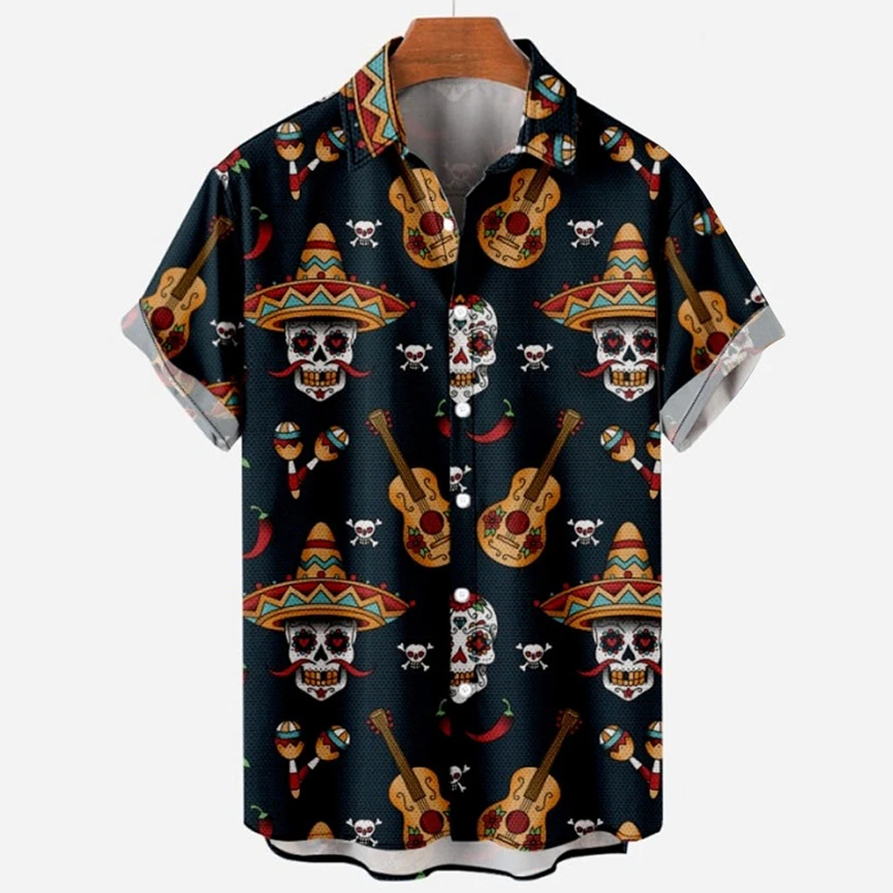 

Hawaiian Shirt For Men Hip Hop Skull Print Summer Round Neck Short Sleeve Top Oversized Clothing Street Popular Funny Mens Shirt