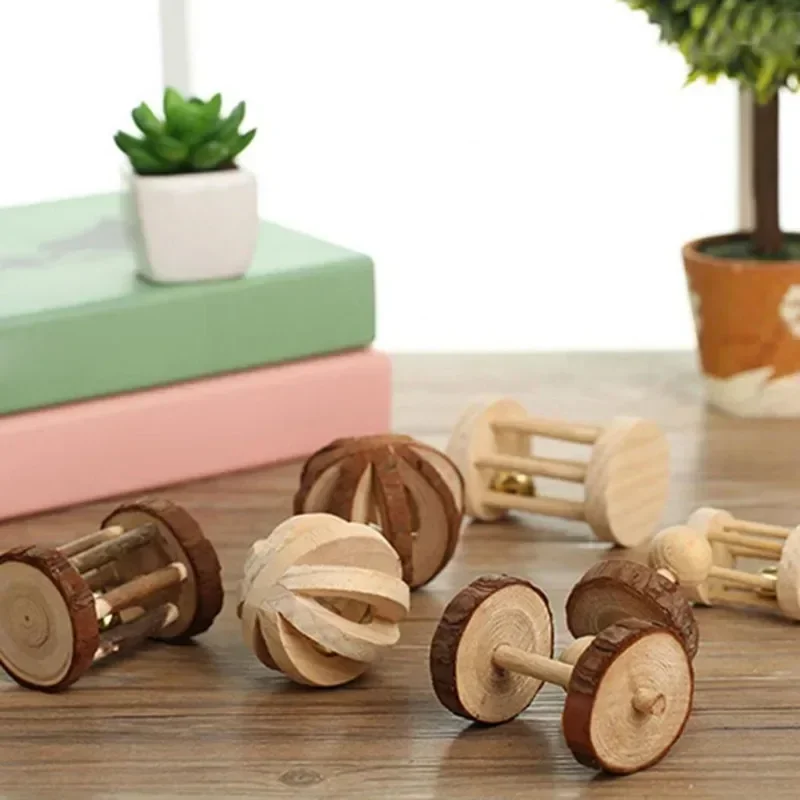 Mini Rabbit Roller Toys Natural Wooden Pine Dumbells Unicycle Bell Chew Toys for Guinea Pigs Rat Small Pets Molars Accessories