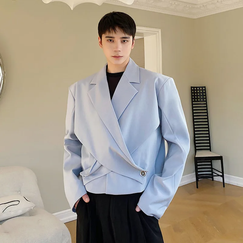 

Мужской укороченный пиджак для весны и осени: модный, с асимметричным отложным воротником, комбинированный, повседневный, в стиле стритвир