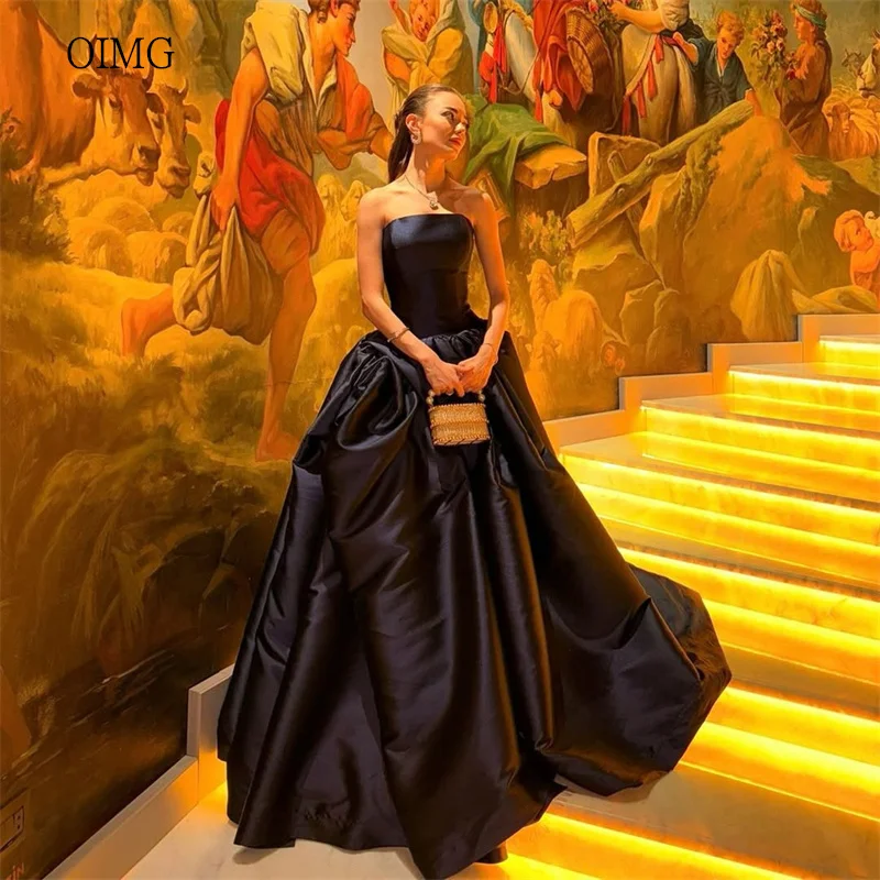 OIMG Formal negro sin tirantes una línea vestidos de graduación sin espalda vestido de fiesta de flores hasta el suelo vestido de noche vestidos de gala personalizados