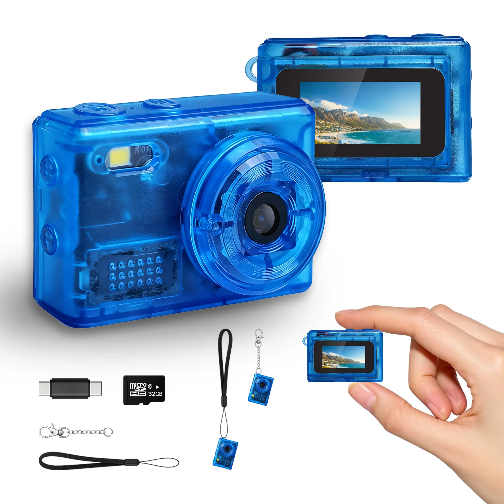 Y2K Mini Blue Keychain Camera, 1080P HD & 2MP Video Camera with 32GB Card, 5 Filters & Flash, 0.96" Display, OTG Adapter for Android, Wearable Mini Pendant for Travel Vlog Night Shots, Ideal Gift
