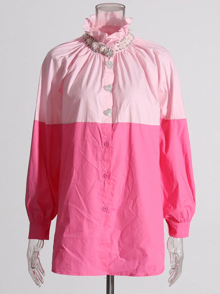 เสื้อเบลาส์ลำลองสำหรับผู้หญิงประดับคอตั้งเพชรปะต่อหลากสีเสื้อผู้หญิงทรงหลวมกระดุมแถวเดียว