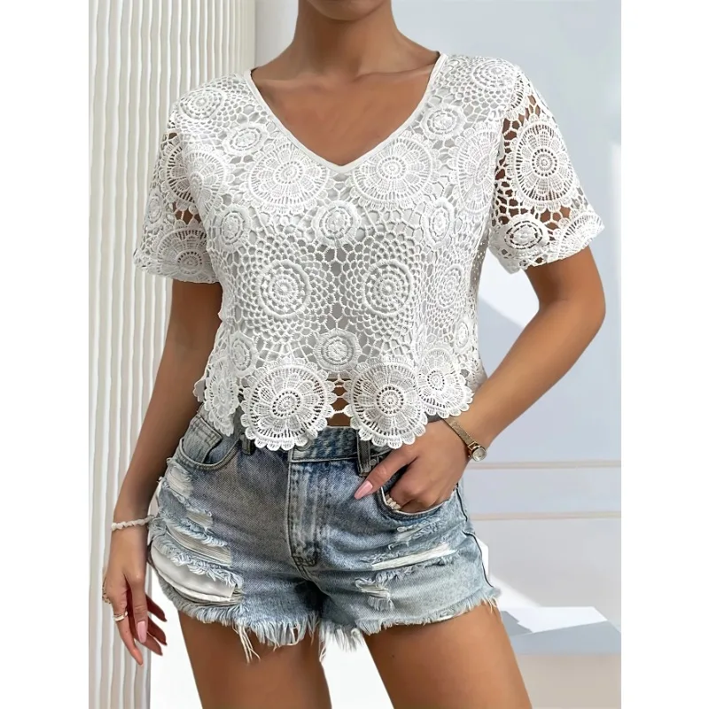 

Plus Size 1XL-5XL New Summer Women's Fashionable and Elegant Hollow V-neck Shirt Women Lace Casual Shirt