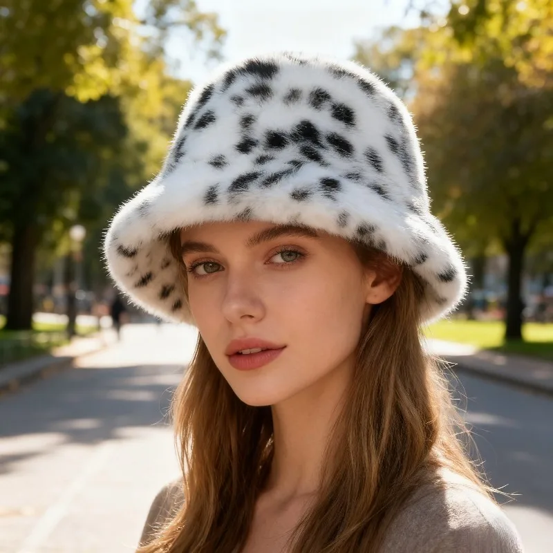 فو الفراء ليوبارد طباعة قبعة بحافة المرأة خريف شتاء سميكة الدافئة قبعة صياد مع حماية الأذن لأحجام الرأس الكبيرة #6