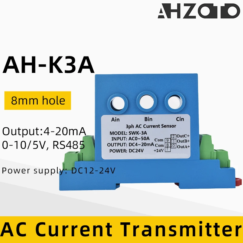 

AC Current Transmitter Three Phase Perforated Hall Current Sensor Input AC0-50A Output 4-20mA Analog Signal Coverter