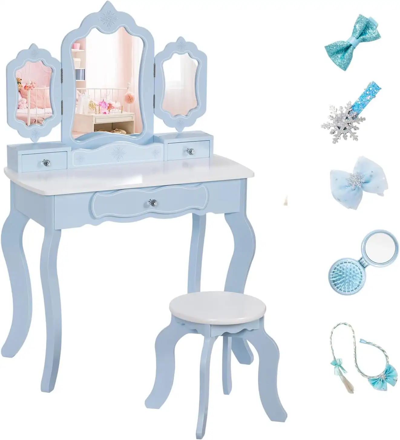 

Kids Vanity Set with 2-in-1 Wooden Makeup Table and Stool Table Set, Blue