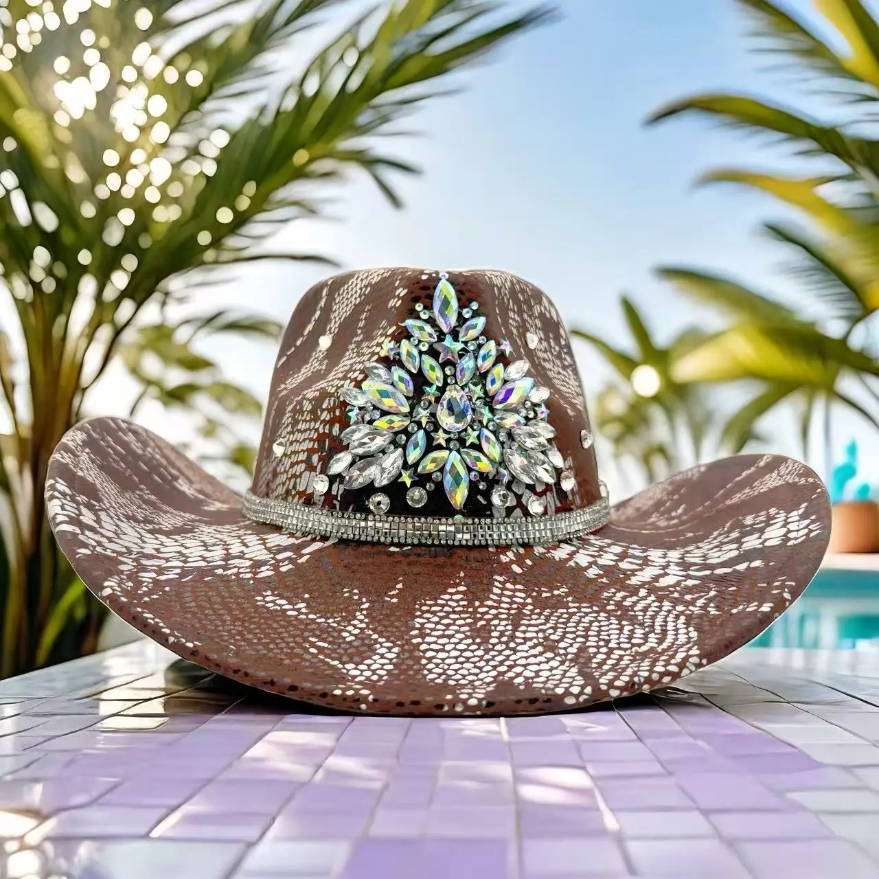 HongLuan Brown Glitter Costume Hat Adult & Cowboy Hats Rhinestone for Woman, Cowboy Cosplay Female Accessories & Cowgirl Cap