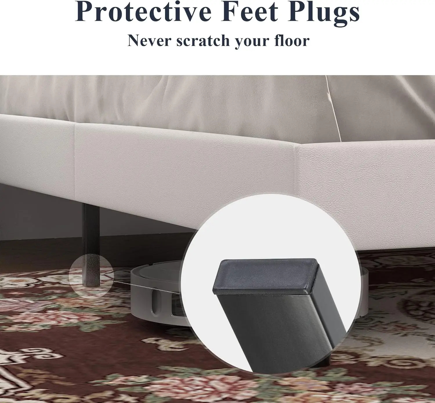 إطار سرير بمنصة بحجم كوين مع لوح رأسي من الجلد الصناعي قابل للتعديل وخياطة ماسية وأزرار خصلة وشرائح خشبية قوية