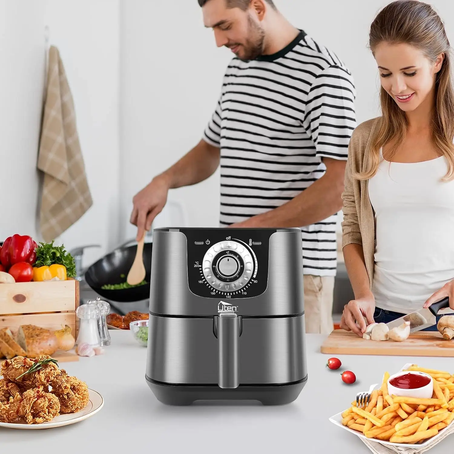 5.8 Quart Air Fryer, 1700W Oilless Cooker, Non-Stick Basket, Manual Control with Timer & Temp Knob, Black