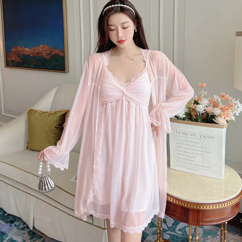 Summer 2Pcs Sweet Robe Nightdress Set Women Mesh Bathrobe Suit Sleepwear Chemise Nightgown Lace Elegant Hollow Home Gown