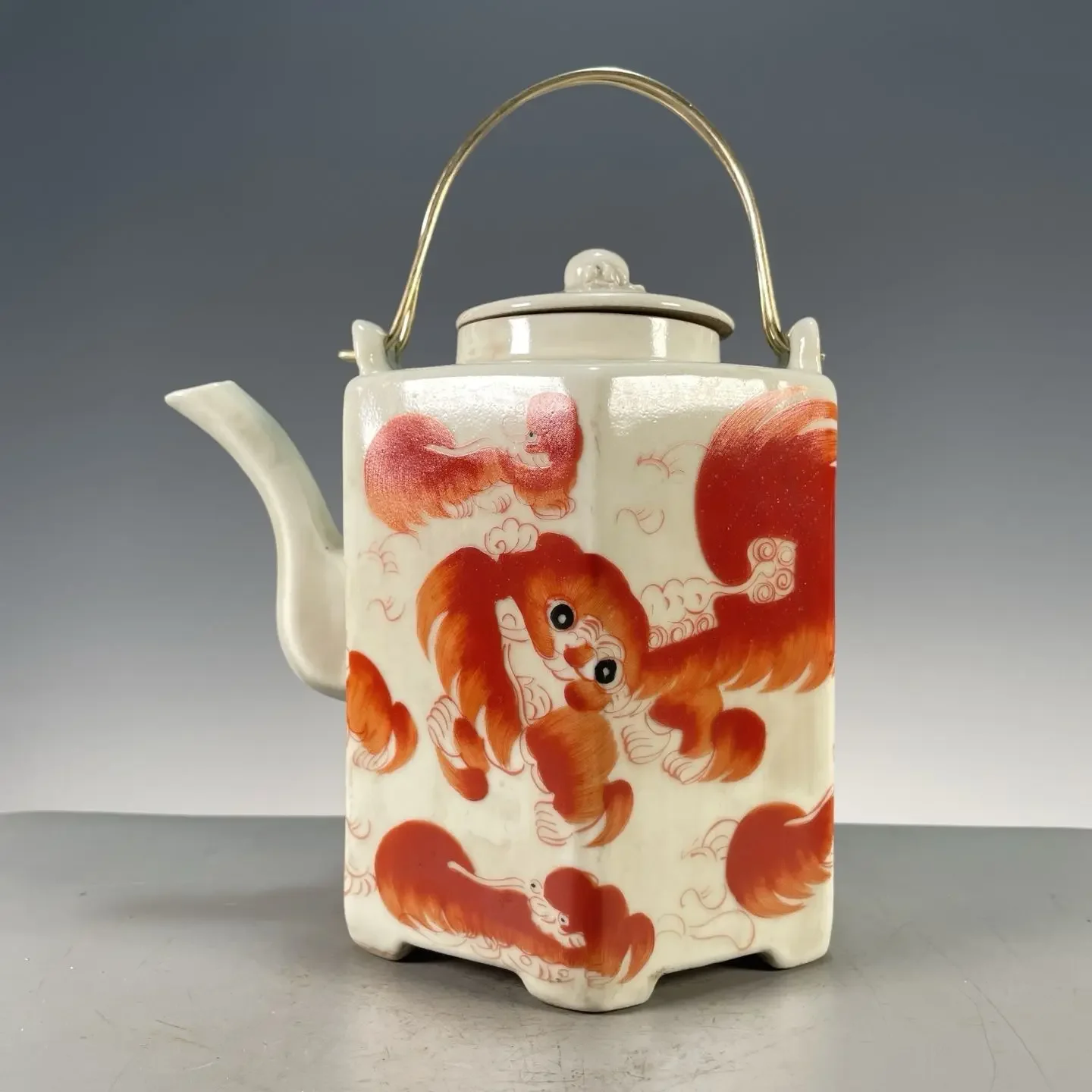 Vintage Hexagonal Bailiff Teapot Hand Drawn Iron Red Taishi Shaobao Lion Motif Porcelain Collectible Tea Room Decor
