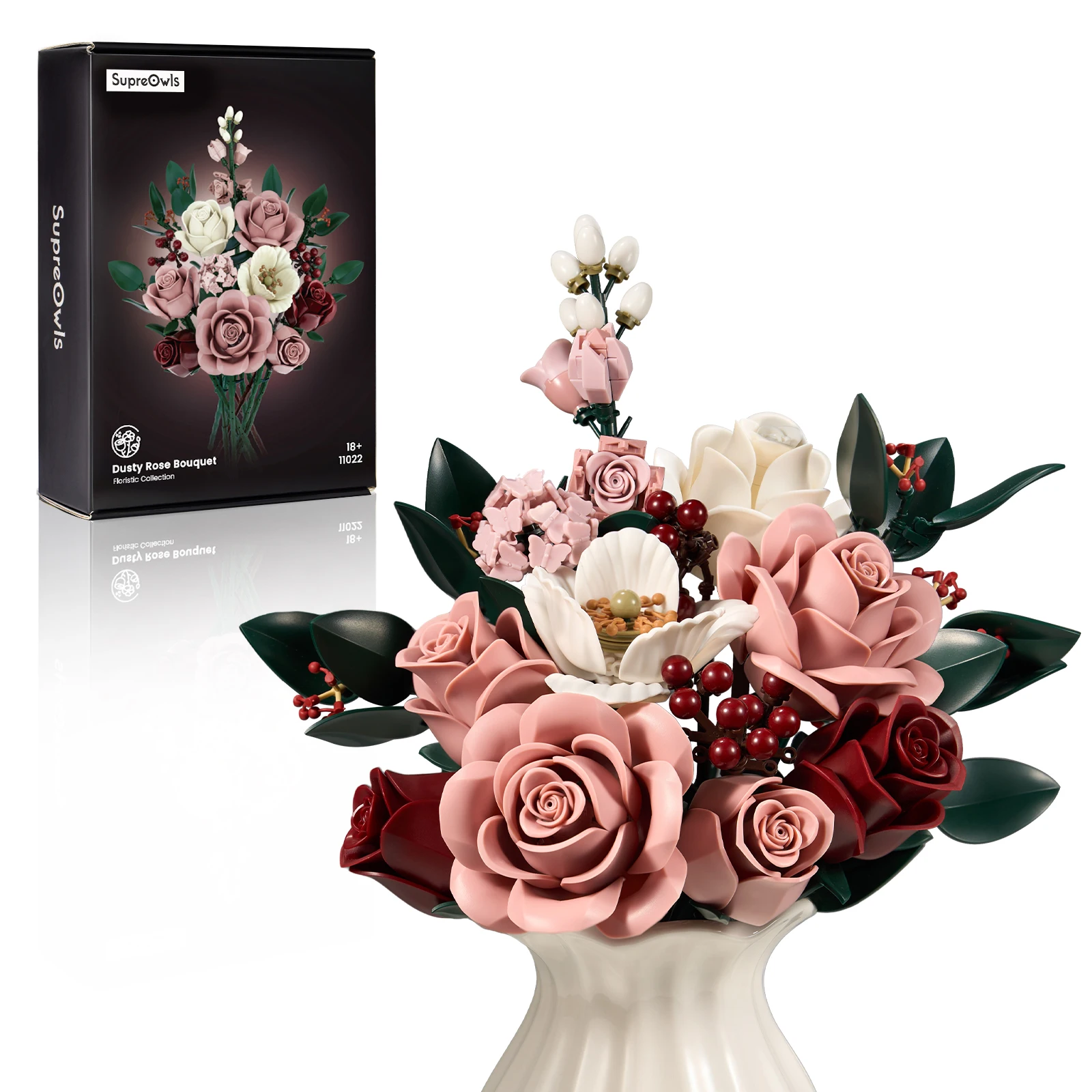 Rosa Rosenstrauß-Bausteine, botanisches künstliches Blumenmodell, moderne Heimdekoration, Tischdekoration, romantisches Valentinstags- und Geburtstagsgeschenk für Frauen