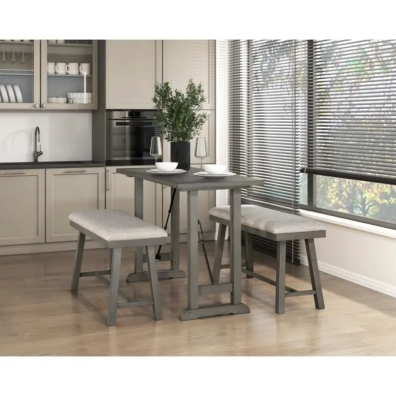

3-Pc Light Gray Finish Counter Height Set with Table & 2 Benches, Foam Cushioned Seats for Kitchen Dining or Breakfast