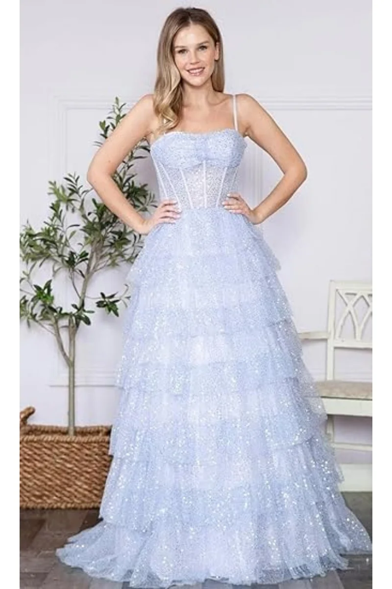 

Women's Sequin Tiered Tulle Prom Dresses Long Sparkly Layered Ball Gown A-Line Sweetheart Formal Evening Gown