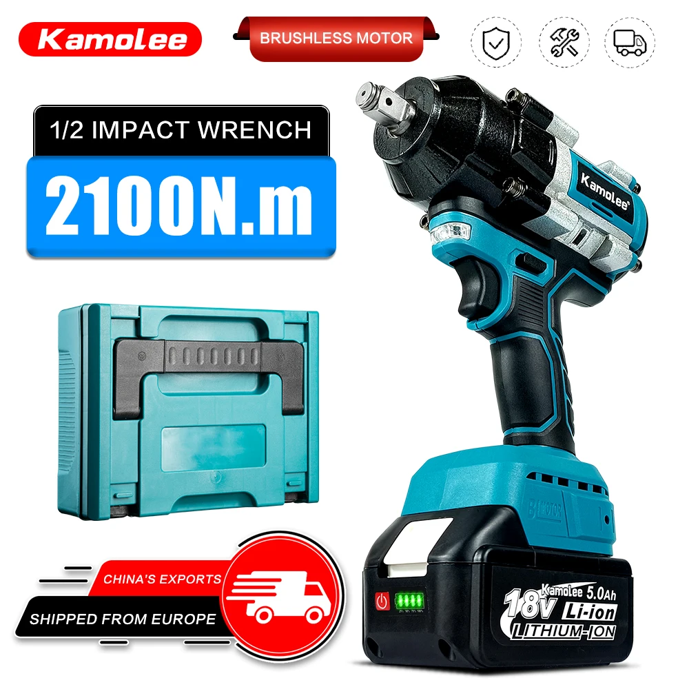 Kamolee 2100 Nm bürstenloser Schlagschrauber, 1/2 Zoll, wiederaufladbarer elektrischer Schraubenschlüssel für Autoreparatur und Reifenentfernung, 18 V-21 V Akku