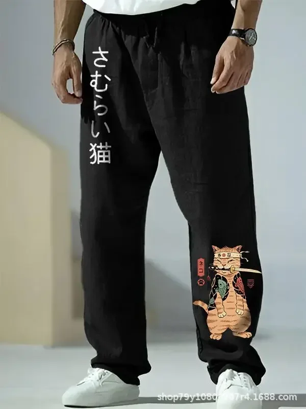 Calça casual de linho estilo chinês, masculina e jovem, solta, extragrande, estampada retrô, calça de perna reta elegante