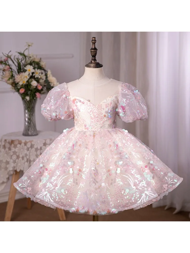 New Pink Short Or Long Sleeve Flower Girl Dress Frist Brithday Party Communion GownFormal Occasion Clothing Hand Made Kids Skirt