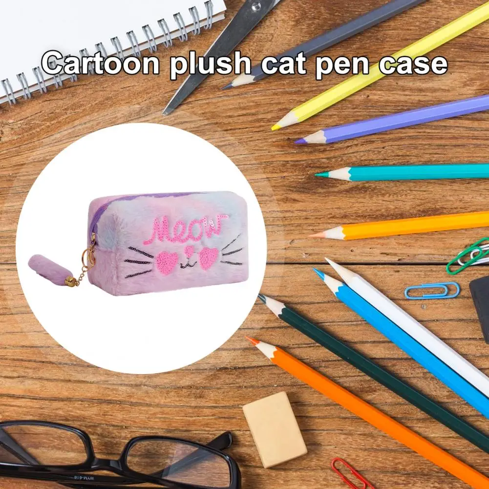 Cute Pencil Case Compact Pencil Case Cute Cat Plush Pencil Case Spacious Storage Bag for Students Travelers Kids Ideal