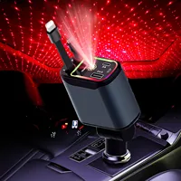 4-in-1 Retractable Car Charger, 66 Watt Fast Charging with Ambient Lighting + Red Star Top Firing Light with 2 USB Port Plugs,