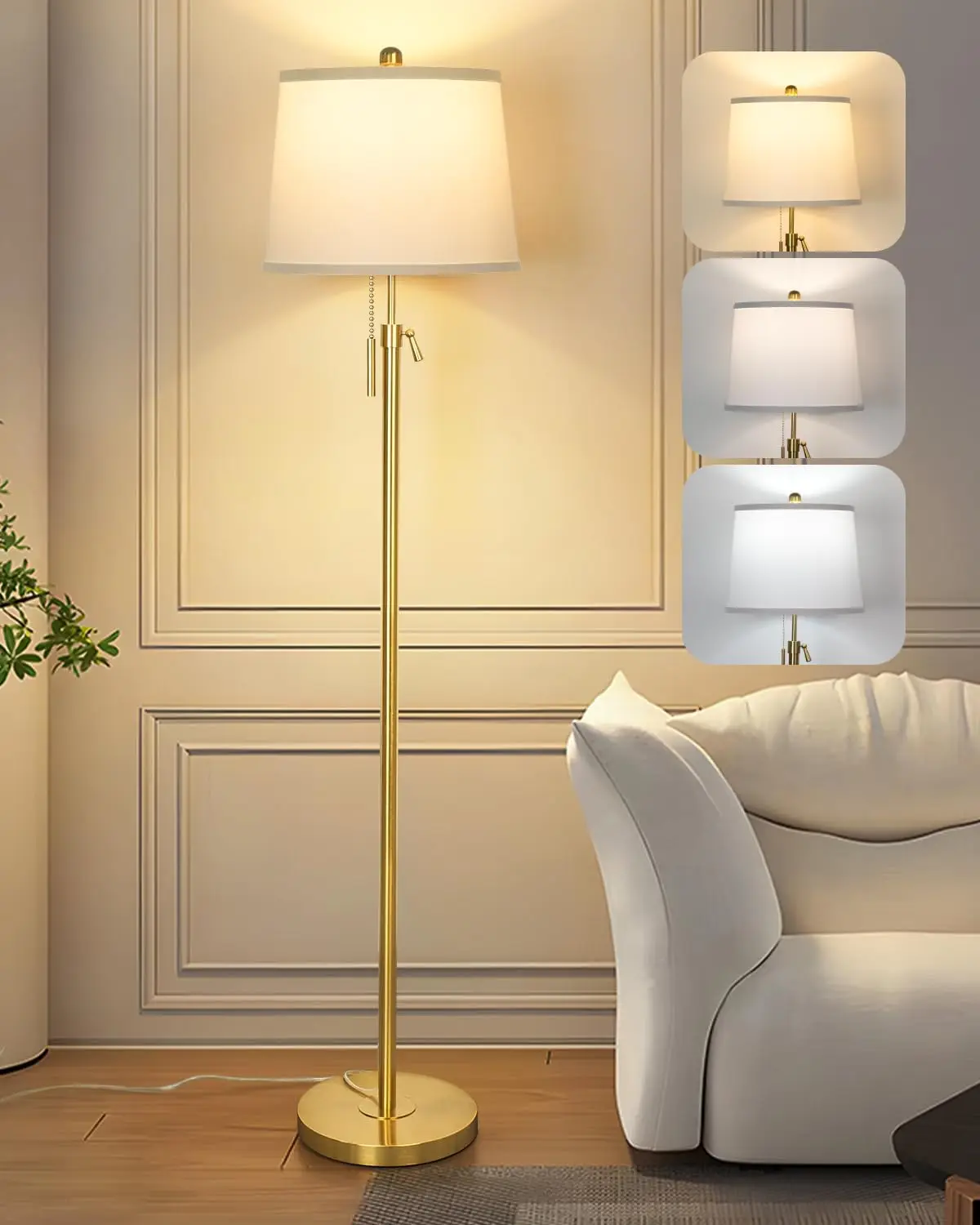 

Adjustable 55-65" Tall Floor Lamp, 3 Color Lights, Modern Brass, White Shade, 9W LED