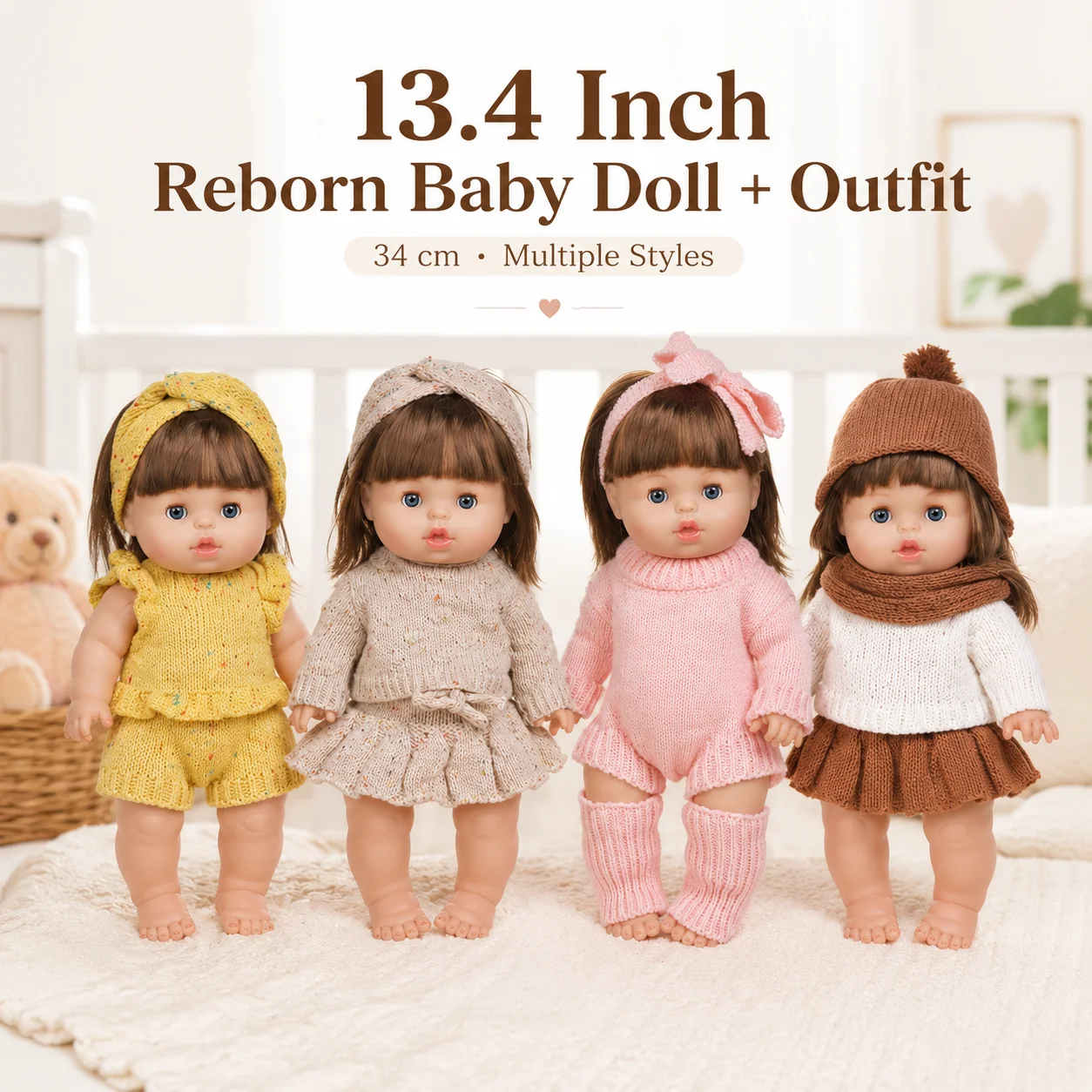 13.4 Inch 34cm Reborn Baby Doll with Outfit Soft Vinyl Girl Doll with Sleep Eyes Knit Clothes Dress Up Toy Gift for Kids