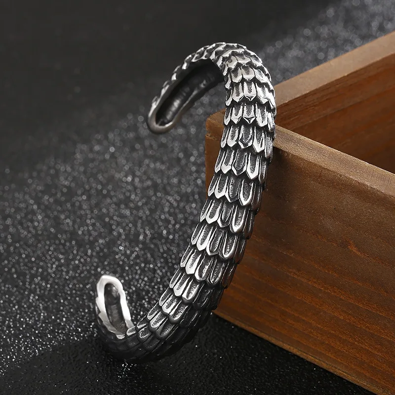 Men's Trendy Fashion Punk Style Blackened Dragon Scale Open Bracelet Domineering National Trend Retro Ethnic Style Open Bracelet