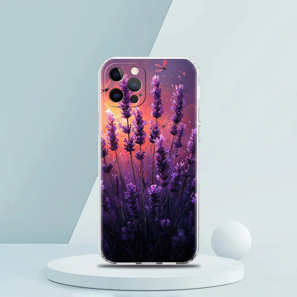 حافظة هاتف شفافة ناعمة من البولي يوريثان لهاتف آيفون 16 15 14 13 12 11 Pro Max XR 8 7 Plus XR حقائب بنمط الخزامى المقاوم للصدمات