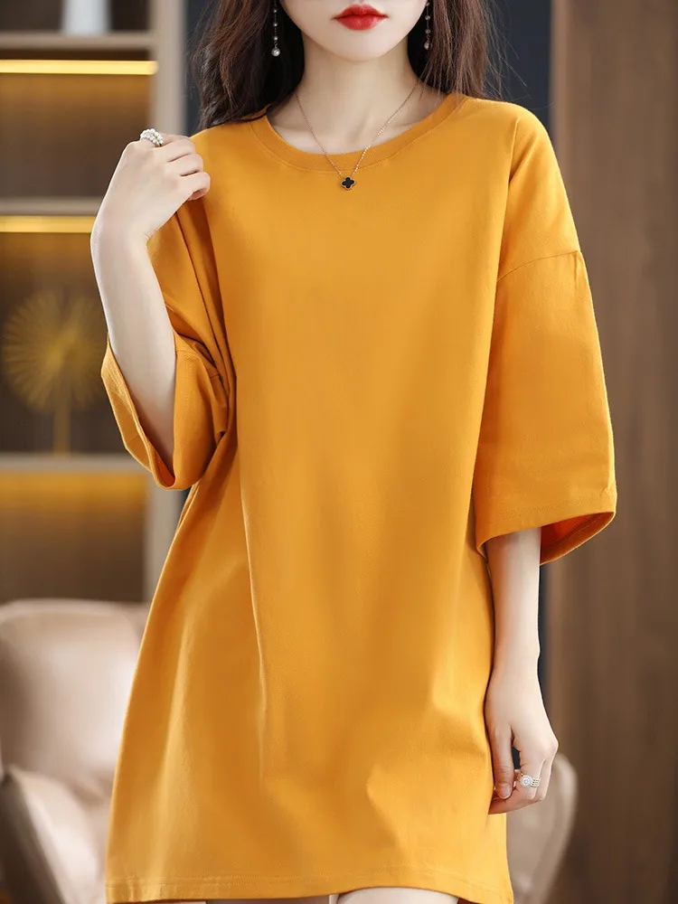 Long Loose Cotton T-Shirt Women's Butt Covering Shoulder Drop Seven Sleeve Summer Base Shirt Short Sleeve Slimming Effect