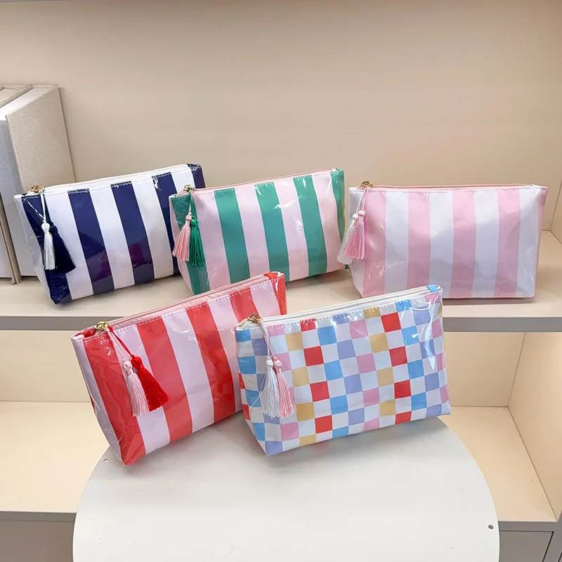 Stripe Checkerboard Cosmetic Bag with Tassel Waterproof  Makeup Pouch Portable Travel Women Sundries Storage Bag
