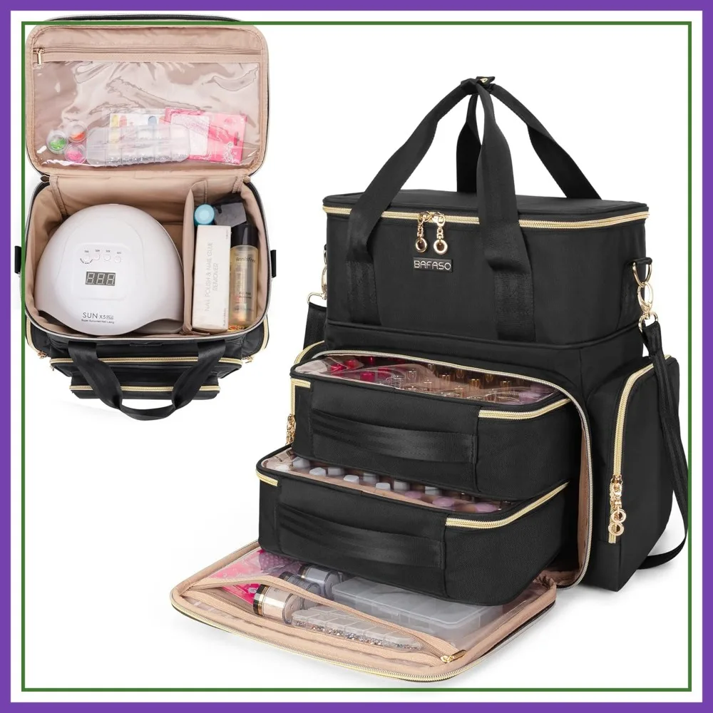 

Double Layer Nail Polish Organizer Holds 70 Bottles & Nail Dryer, Case with 2 Removable Pouches, Black
