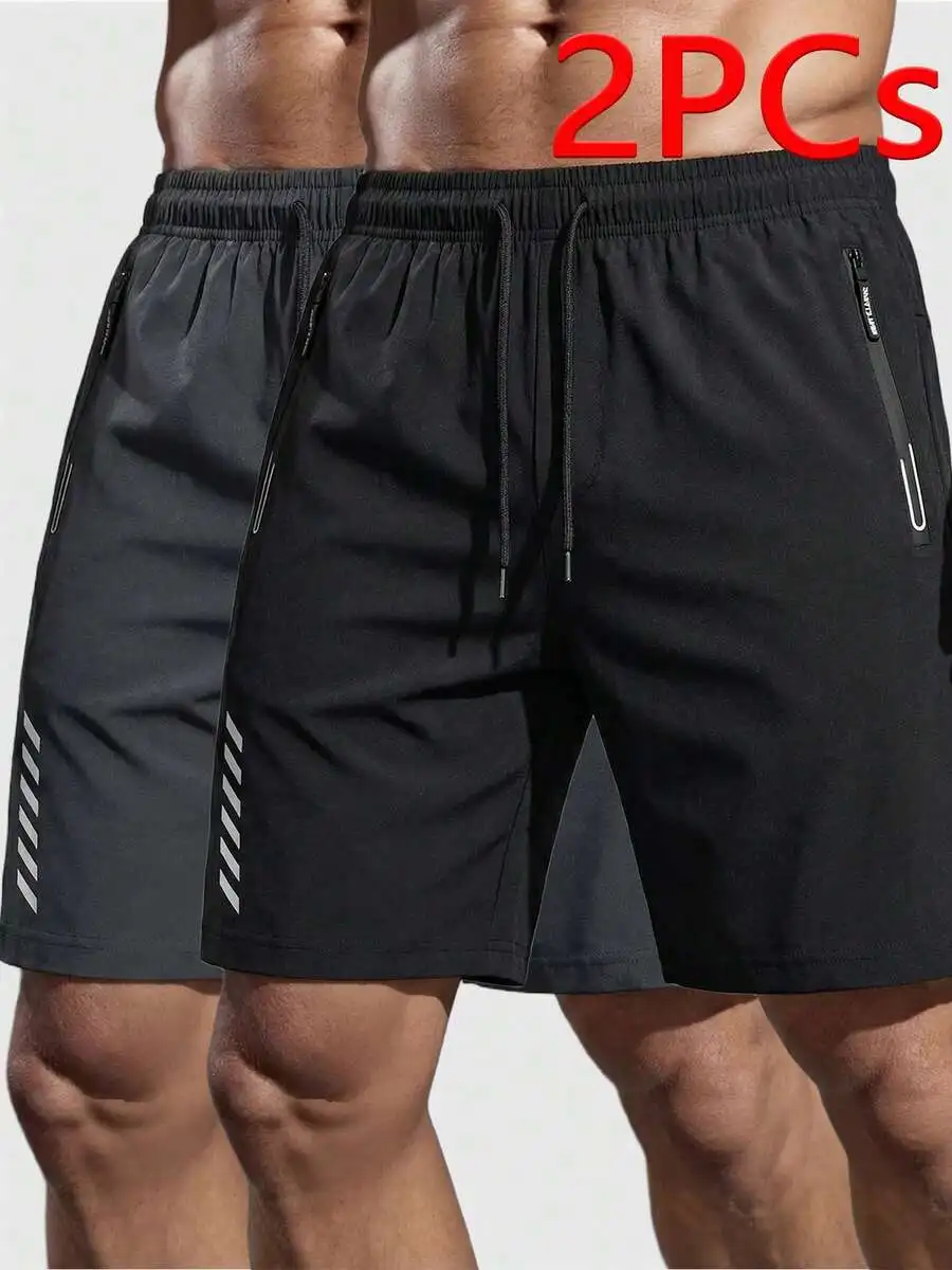 

2 Pcs Mens Lightweight Breathable Sports Shorts With Drawstring Elastic Waist For Summer Outdoor Fitness