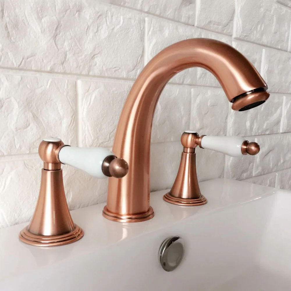 

Antique Red Copper Double Ceramic Handle Deck-Mount Three Hole Widespread Bathroom Bathtub Basin Faucet Sink Mixer Tap drg039