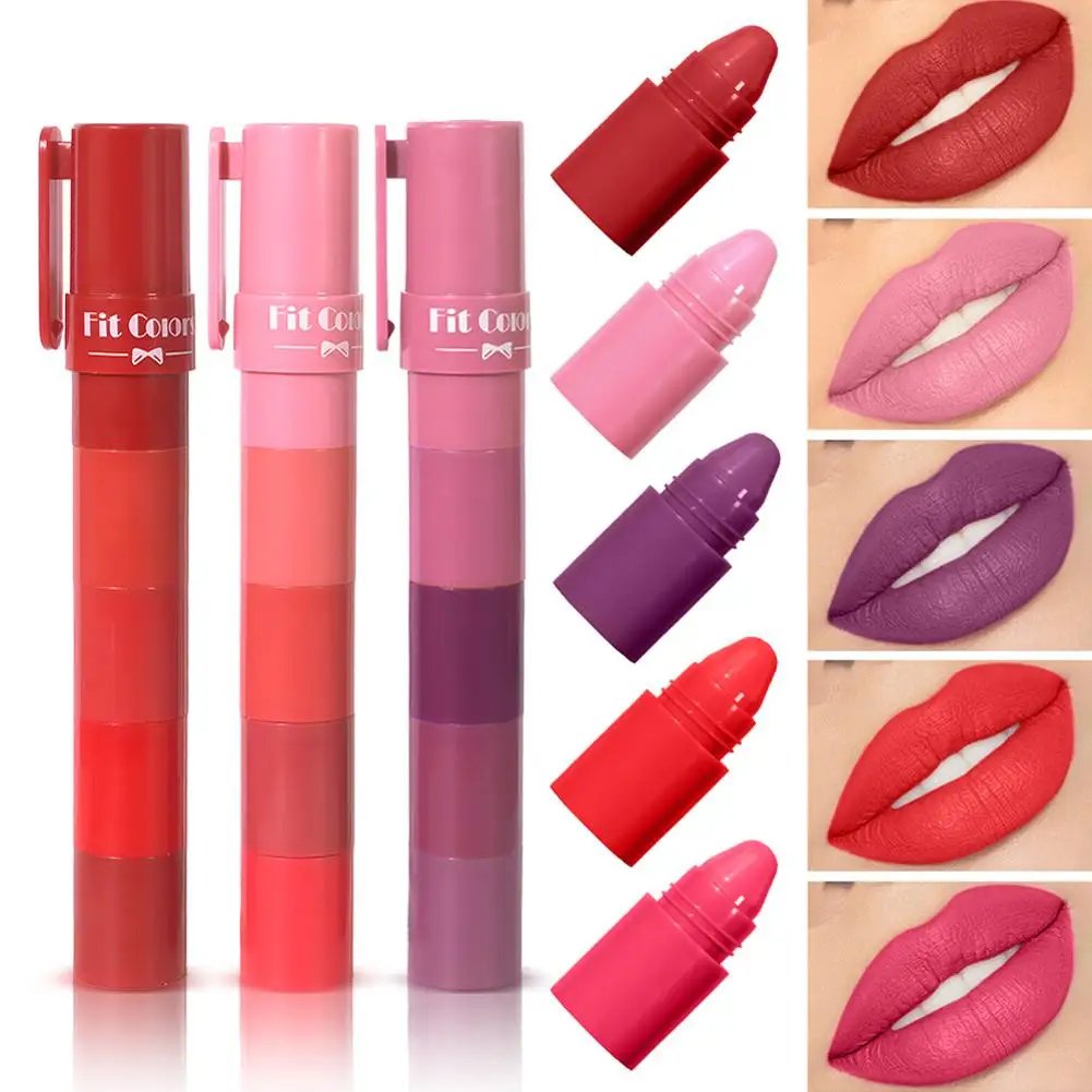 Fit สีผลไม้ห้าส่วน Velvet Matte ลิปสติก 5in1 ลิปสติกยาวนาน 1.2g * 5 แต่งหน้า K8J1