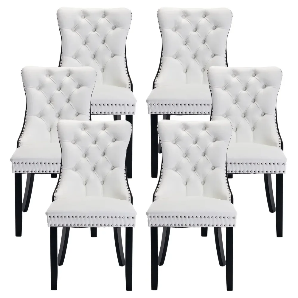 PU Leather Dining Chairs Set of 6, Upholstered Dining Room  with Ring Pull Trim & Button Back, Luxury Tufted Dining Chairs