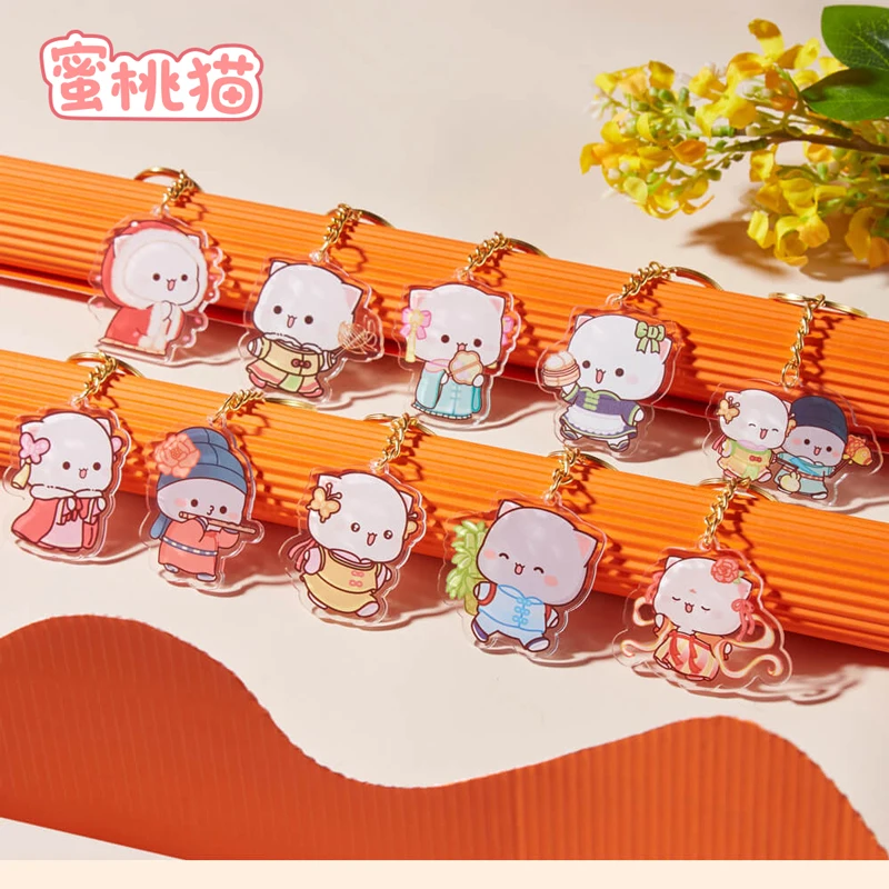 

Cute Anime Cartoon Mitao Cat Acrylic Keychain Couple Gift Bag Pendant Peach Cat Original Design Traditional Ancient Style Figure